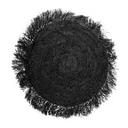 Coussin rond noir en raphia tressé avec franges déco – Ø60 cm