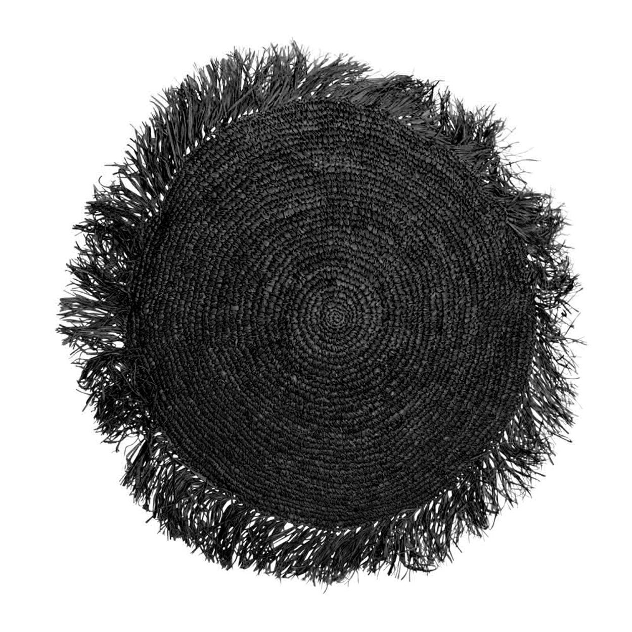 Coussin rond noir en raphia tressé avec franges déco – Ø60 cm