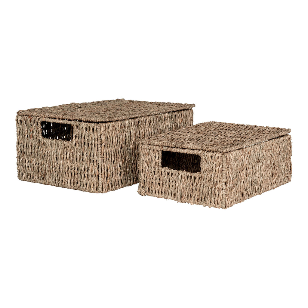 Paniers rectangulaires en fibres naturelles avec couvercle et poignées – Set de 2