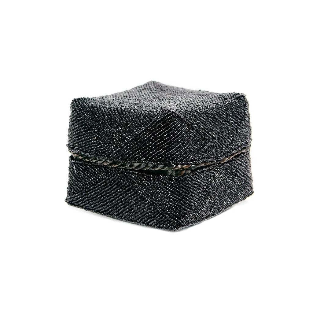 Boîte décorative perlée noire en bambou motifs chevrons avec couvercle