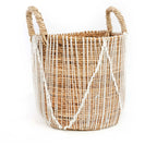 Panier en seagrass tressé naturel avec lacets blancs et anses – Ø40 cm