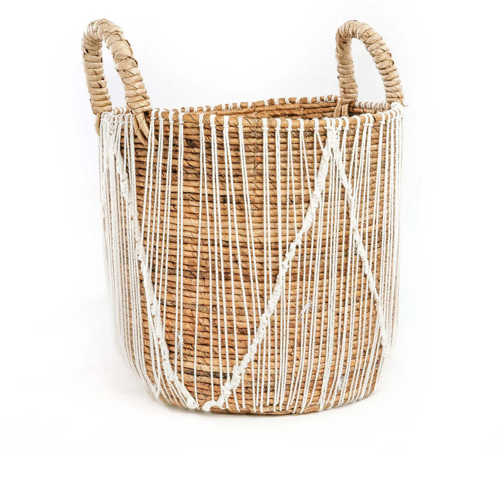 Panier en seagrass tressé naturel avec lacets blancs et anses – Ø40 cm