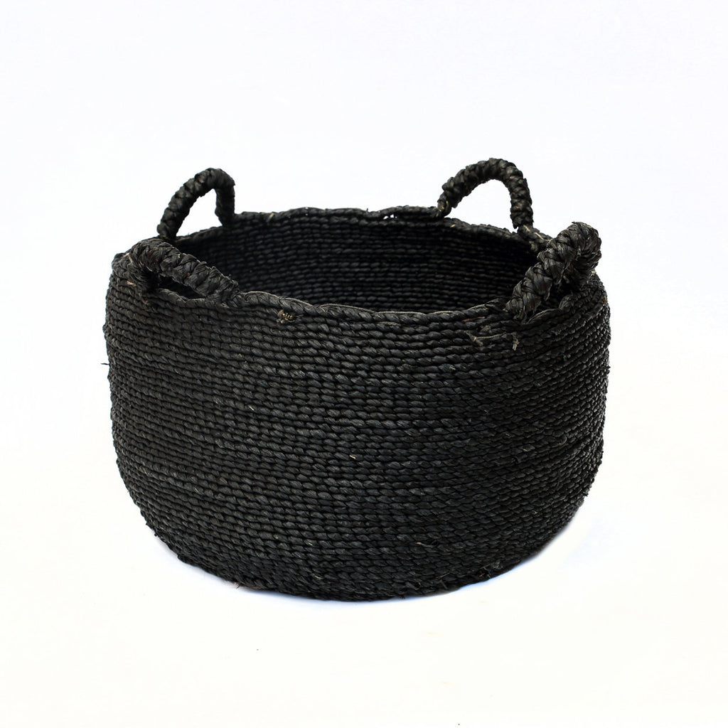 Panier rond en jonc de mer noir à anses souples – Ø52 cm