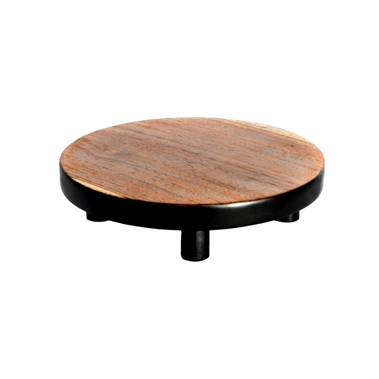 Plateau à gâteau rond en bois de teck naturel et noir – Ø17 cm