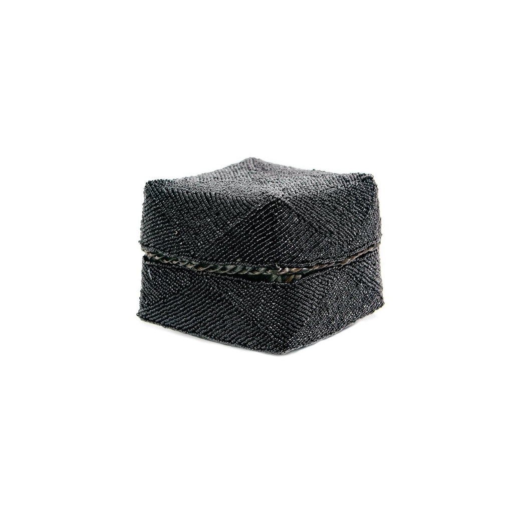 Boîte décorative perlée motif géométrique noir en bambou avec couvercle