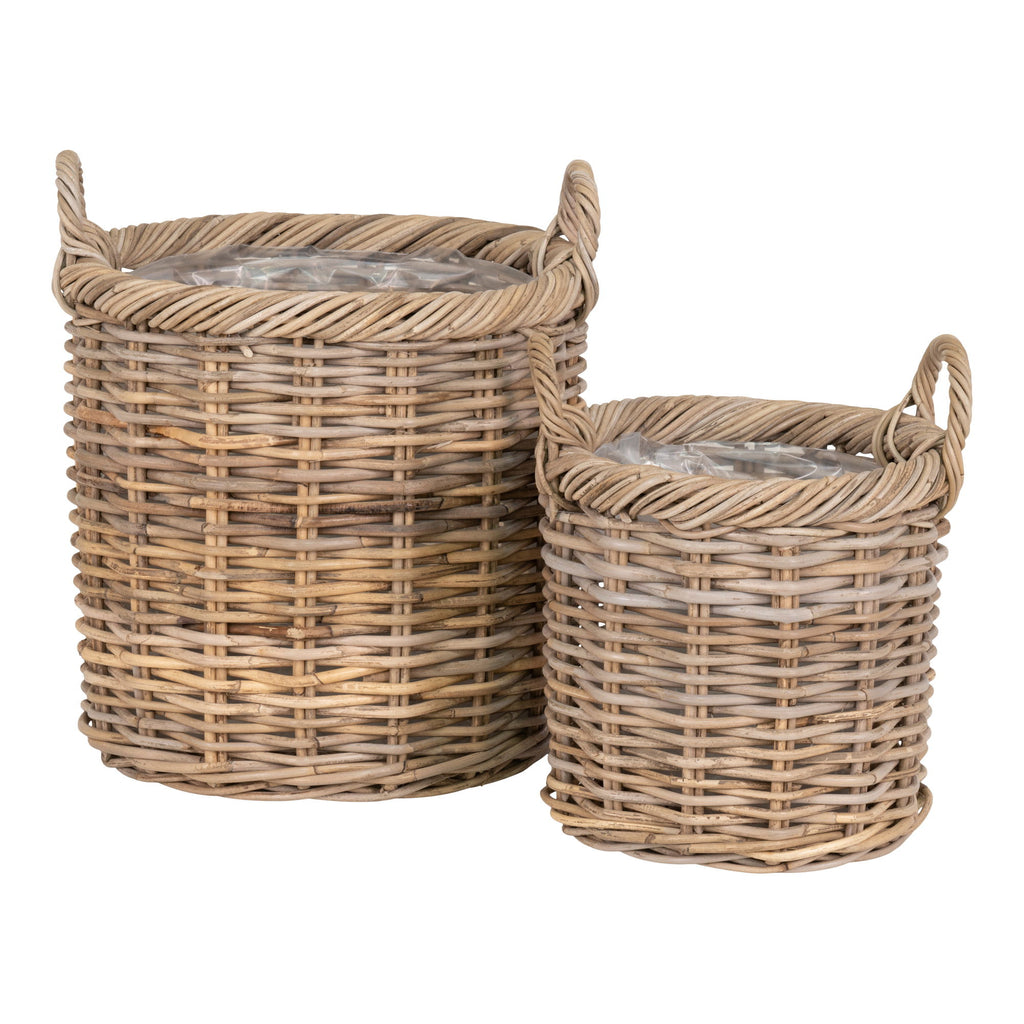 Paniers ronds en rotin tressé gris avec anses et doublure étanche – Set de 2