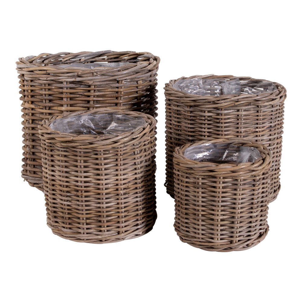 Paniers ronds en rotin tressé brun grisé avec doublure plastique – Lot de 4