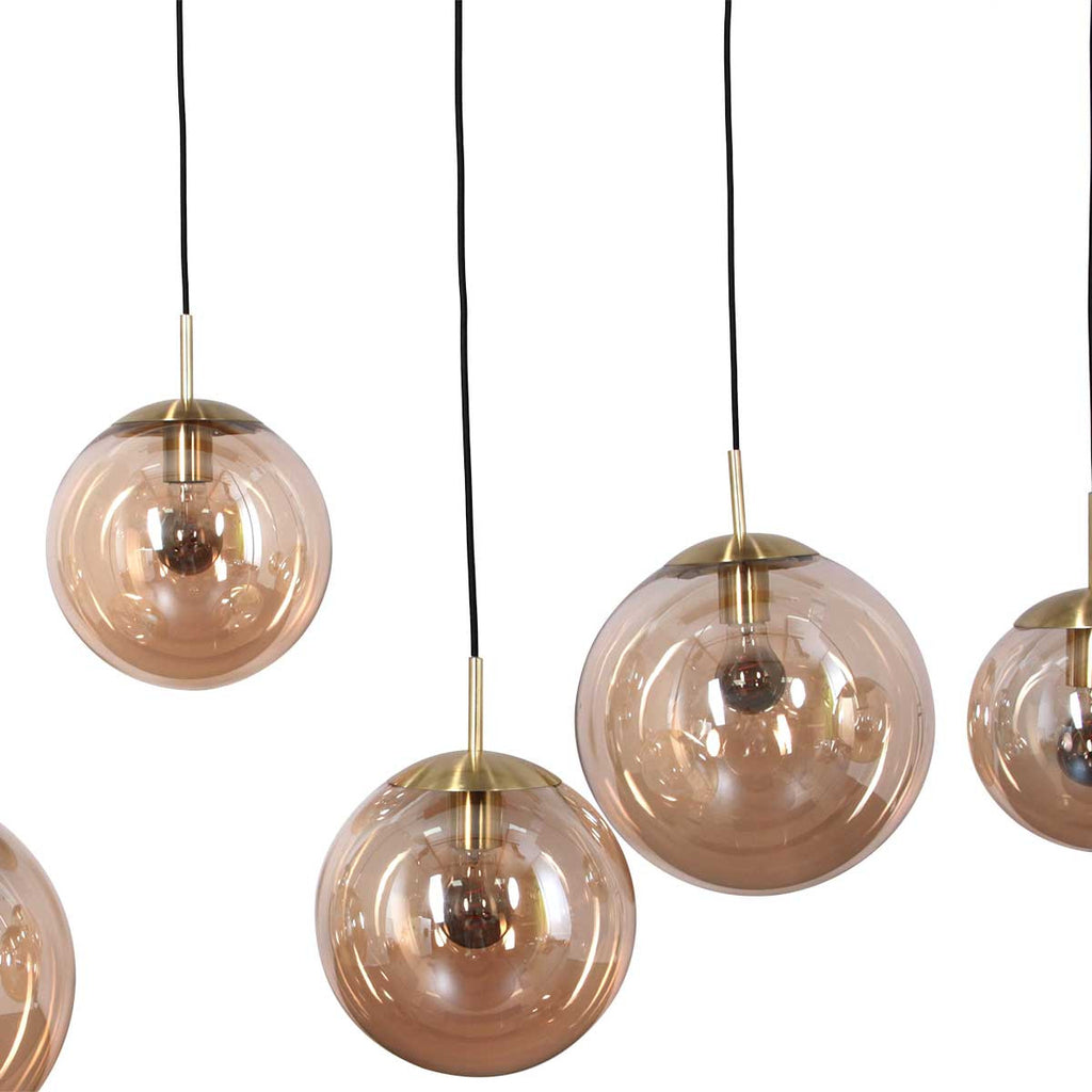 Suspension linéaire multiple en verre ambré et laiton 6 lampes décalés – 120x25 cm