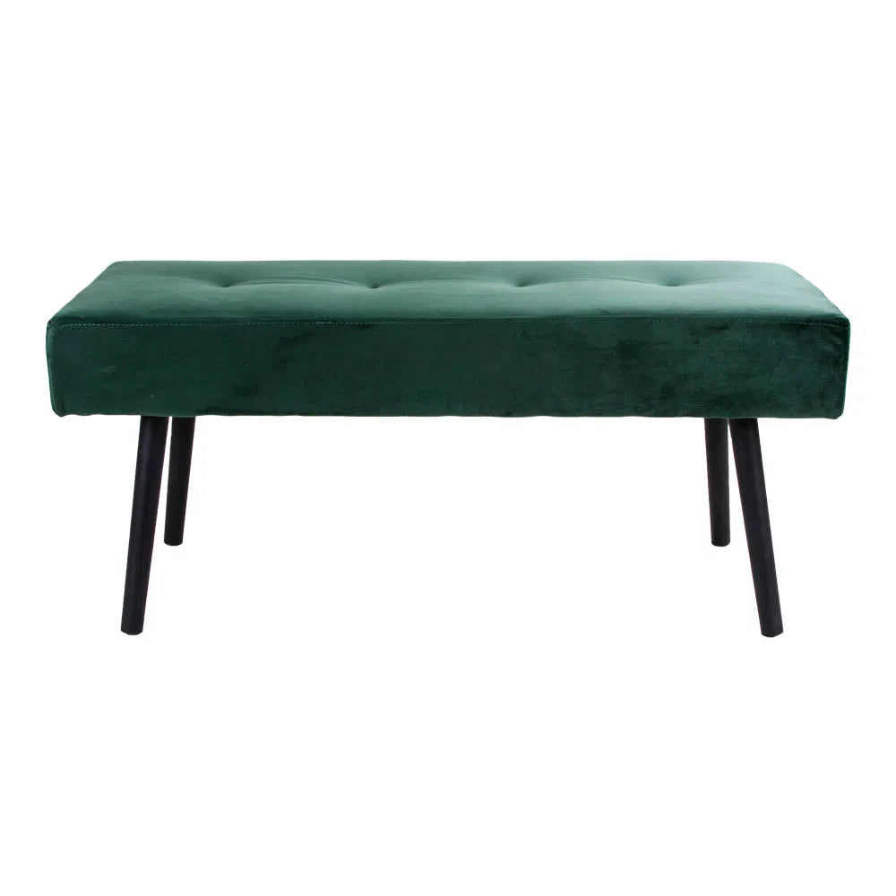 Banc rectangulaire en velours vert foncé capitonné pieds noirs – 100x35 cm