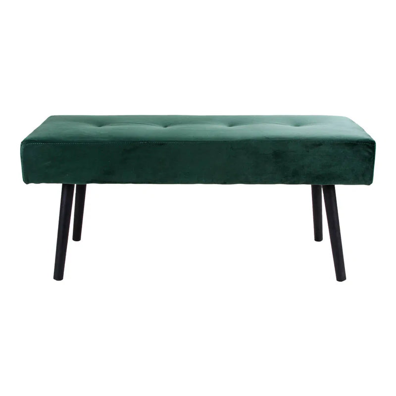 Banc rectangulaire en velours vert foncé capitonné pieds noirs – 100x35 cm