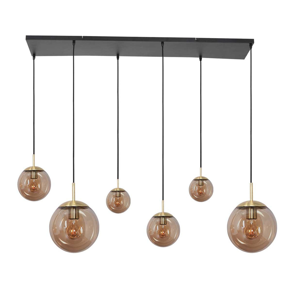 Suspension linéaire multiple en verre ambré et laiton 6 lampes décalés – 120x25 cm