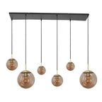 Suspension linéaire multiple en verre ambré et laiton 6 lampes décalés – 120x25 cm