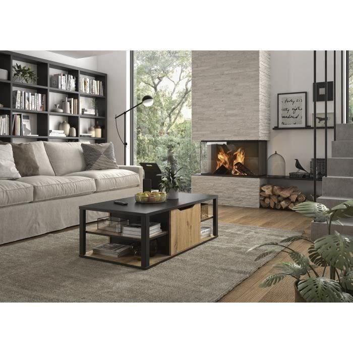 Table basse rectangulaire bois et noir avec rangements – 110x60 cm