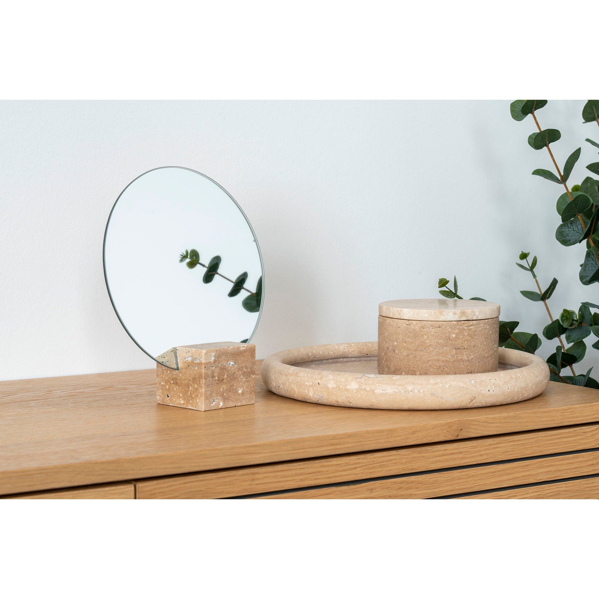 Plateau rond en travertin beige finition mate pour objets déco ou vide-poche