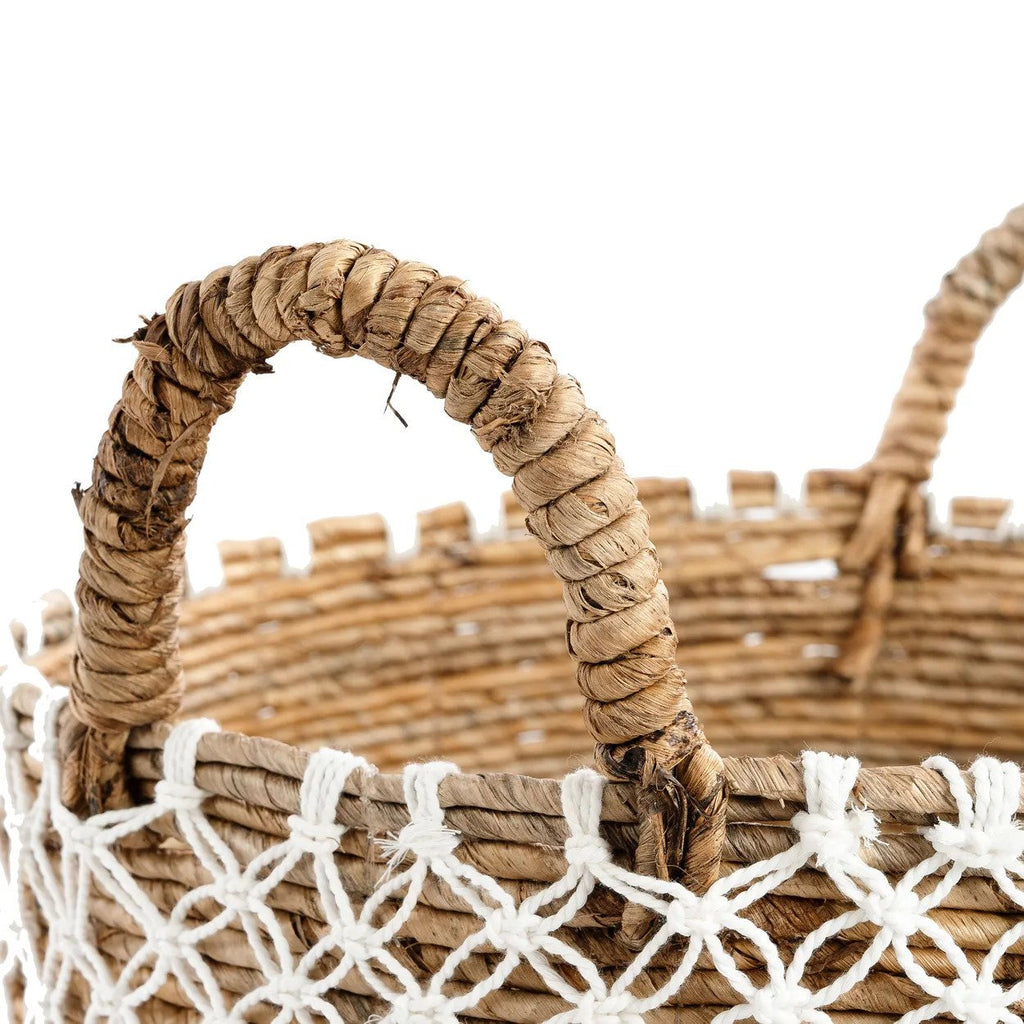 Panier rond en jonc de mer et macramé blanc avec anses – Ø39 cm