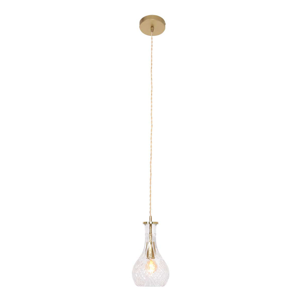 Suspension en verre taillé transparent et laiton doré forme goutte – Ø14 cm