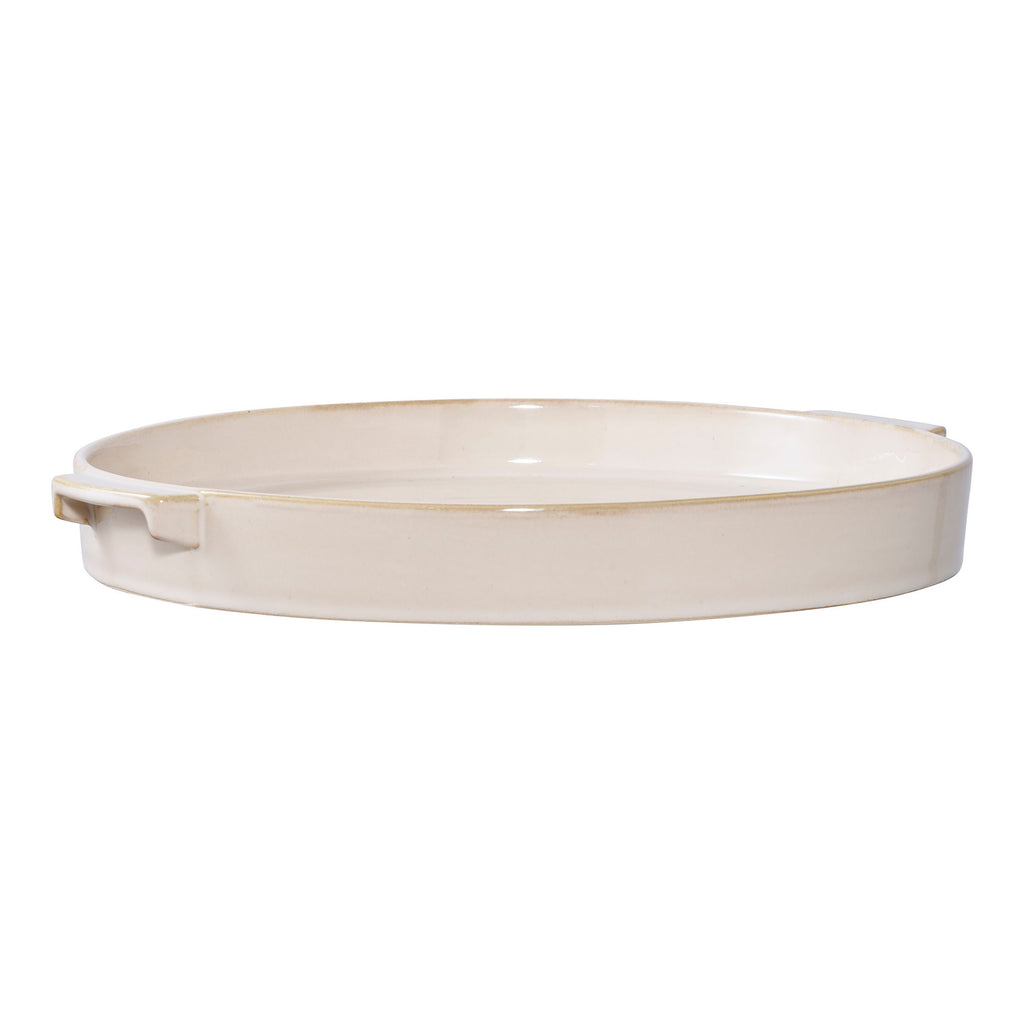 Plateau rond en céramique émaillée ivoire avec poignées discrètes – Ø37 cm