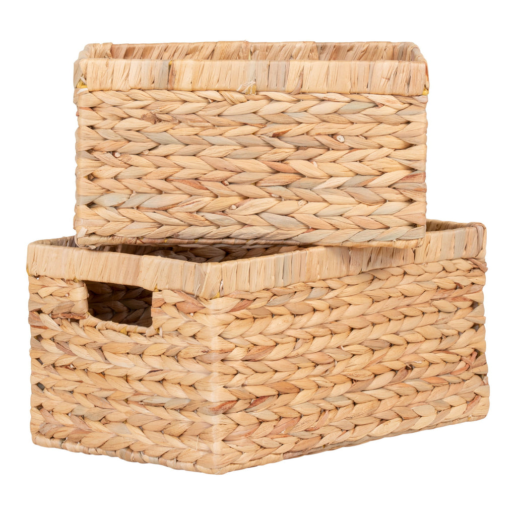 Paniers de rangement rectangulaires en jacinthe d’eau naturelle avec poignées – Set de 2