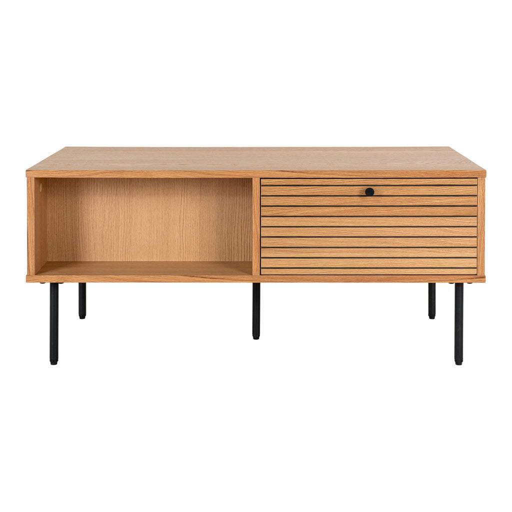 Meuble TV bas en bois clair avec tiroir à lattes et niche – 100x50 cm