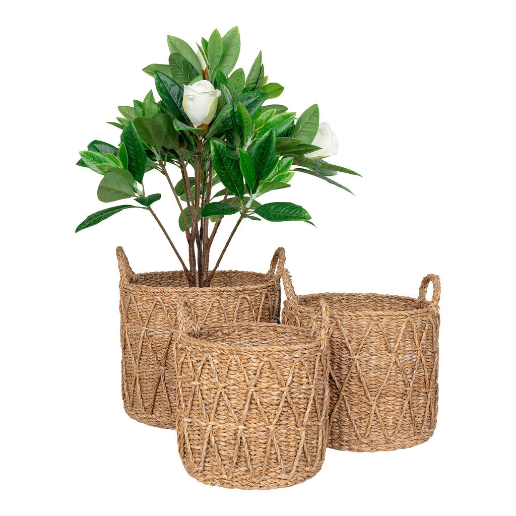 Paniers cylindriques en jonc de mer naturel avec anses motif chevrons – Set de 3