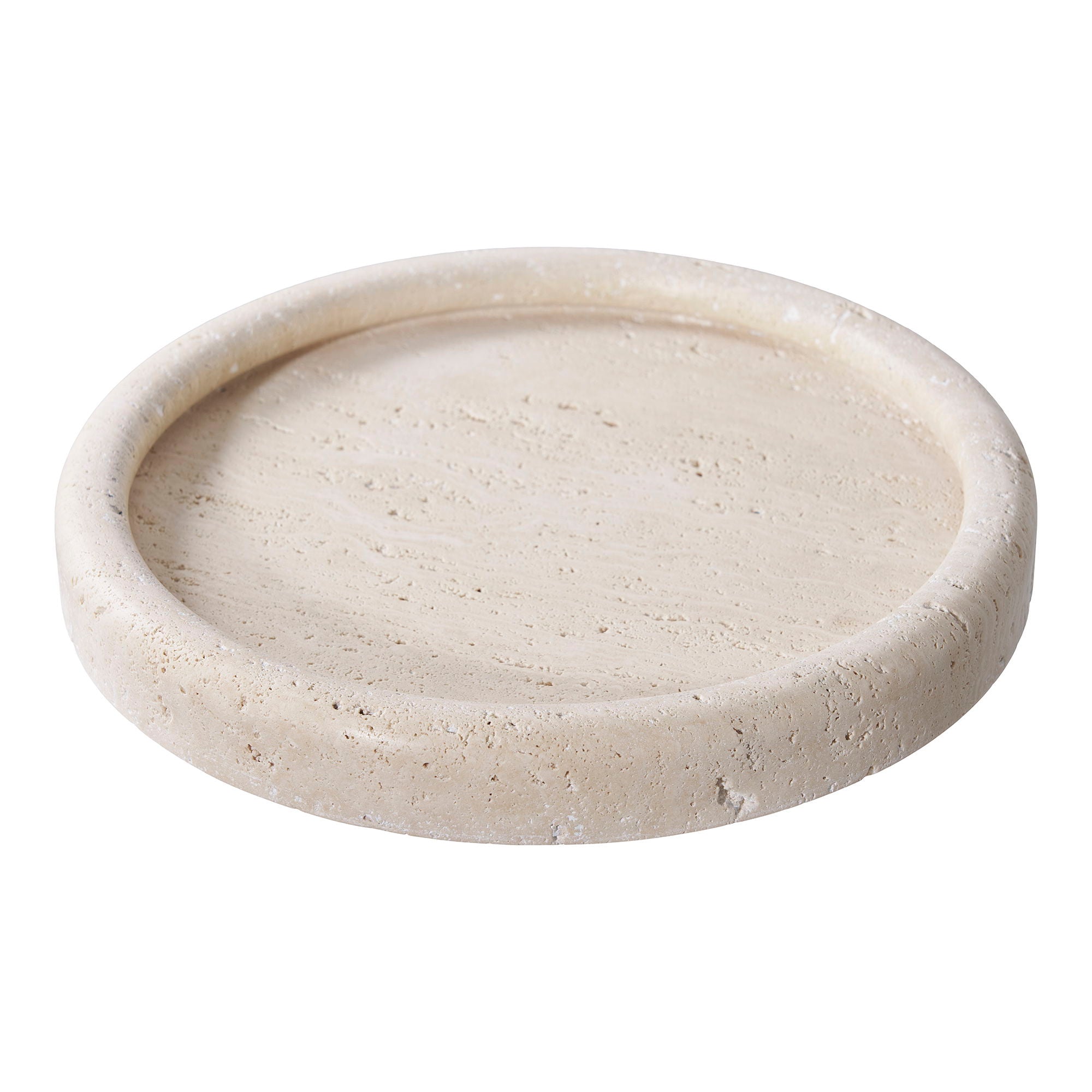 Plateau rond en travertin beige finition mate pour objets déco ou vide-poche