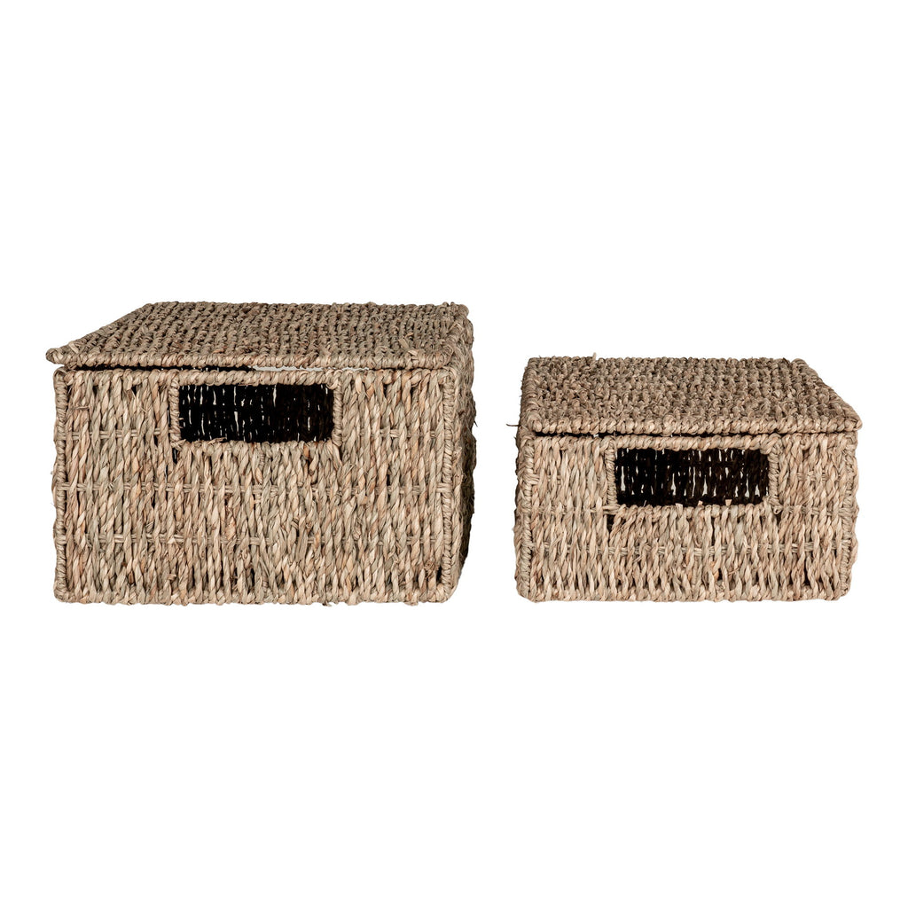Paniers rectangulaires en fibres naturelles avec couvercle et poignées – Set de 2