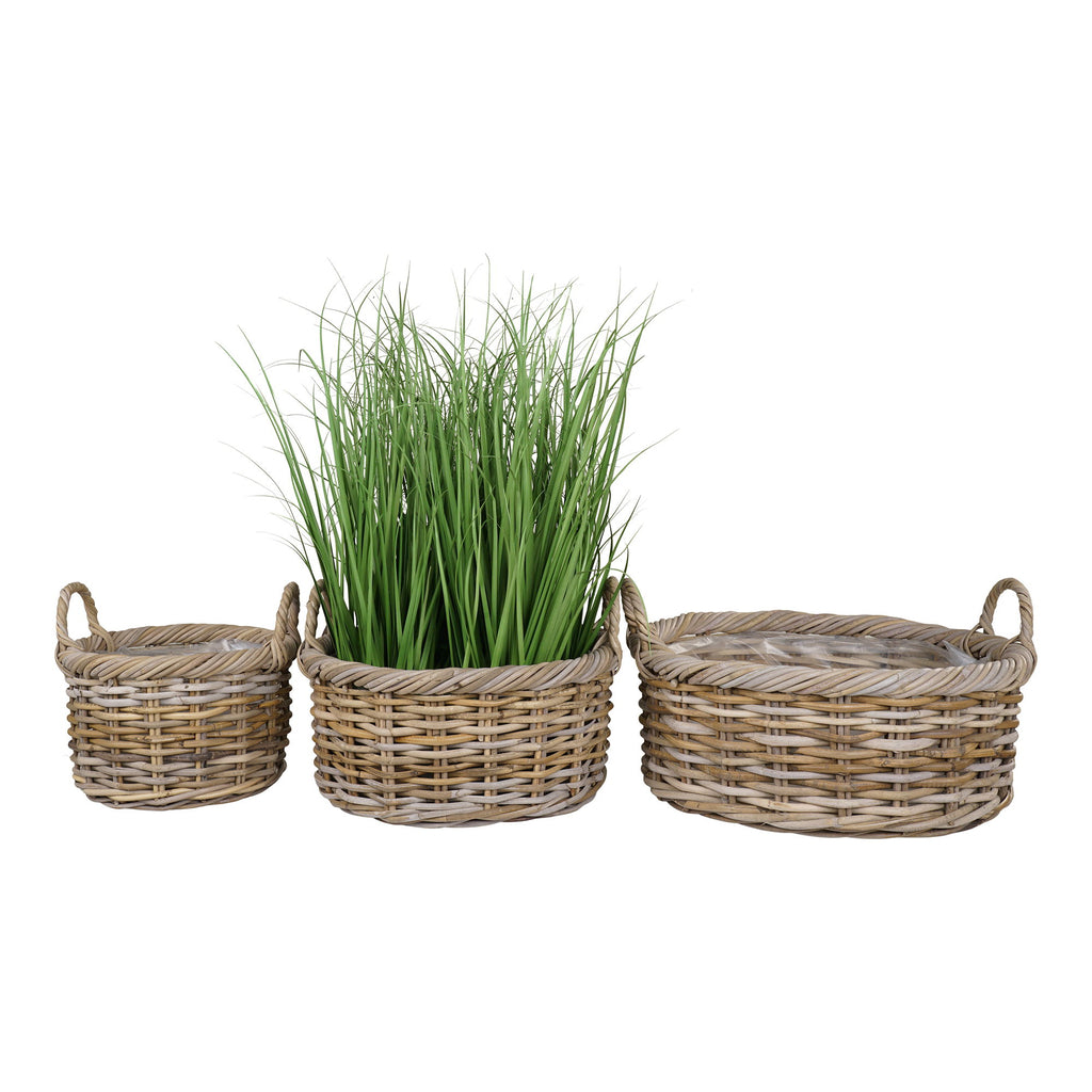 Paniers ronds en rotin tressé gris avec anses et doublure plastique – Set de 3
