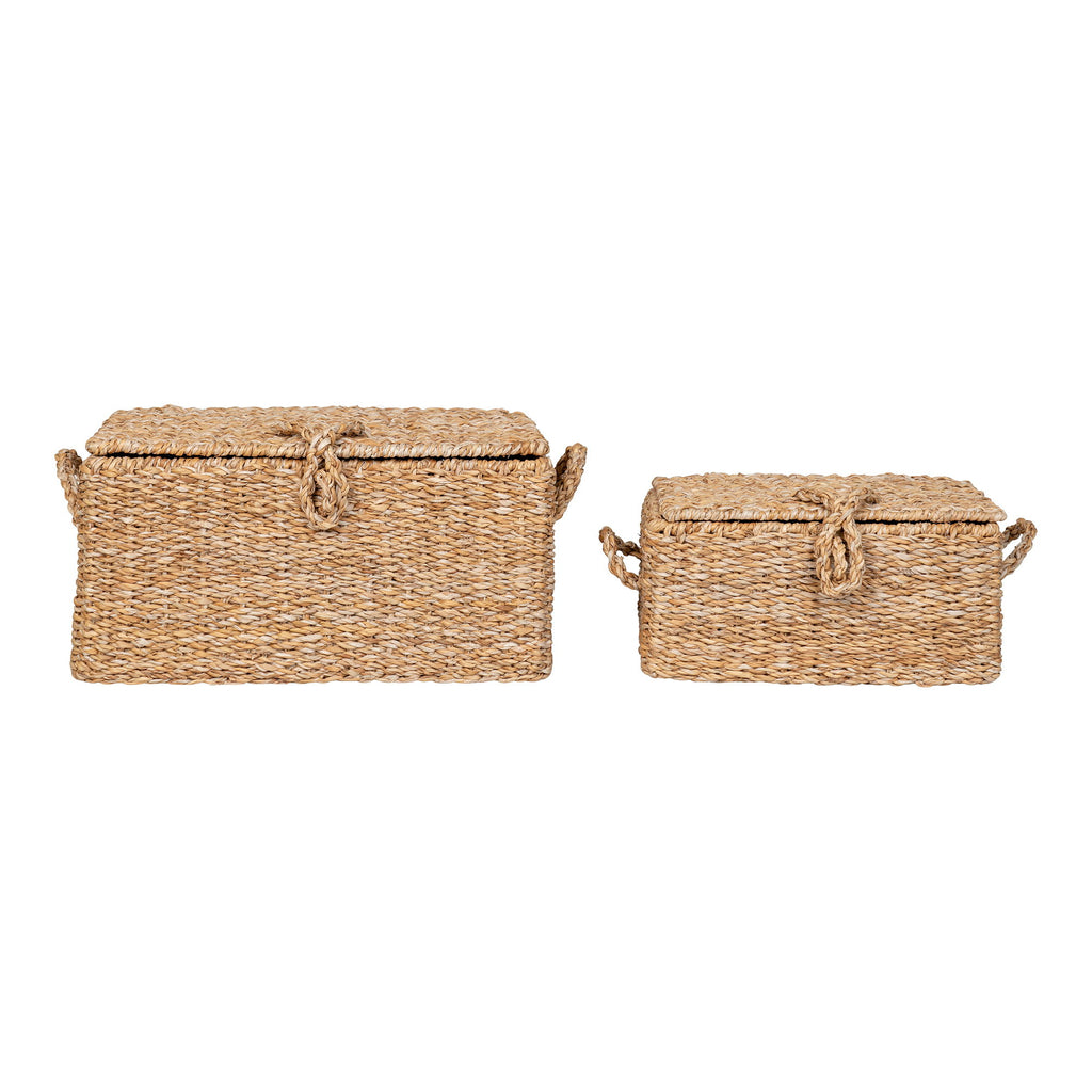 Paniers de rangement rectangulaires en jonc tressé naturel avec couvercle – Set de 2