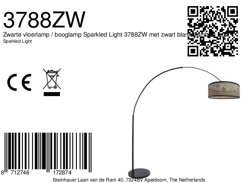 Lampadaire arqué noir abat-jour bambou tressé – H210-240 cm
