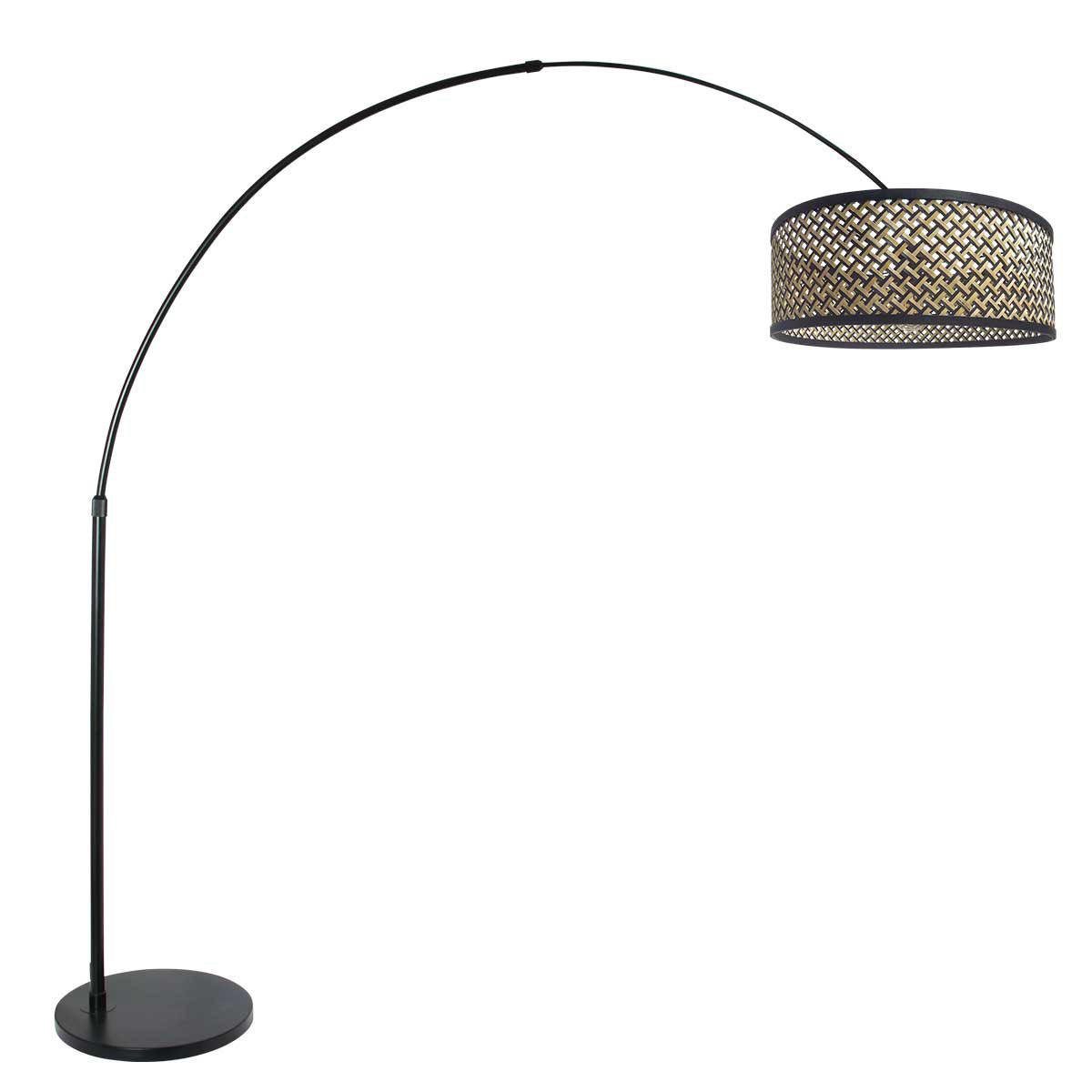 Lampadaire arqué noir abat-jour bambou tressé – H210-240 cm