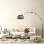 Lampadaire arqué noir abat-jour bambou tressé – H210-240 cm