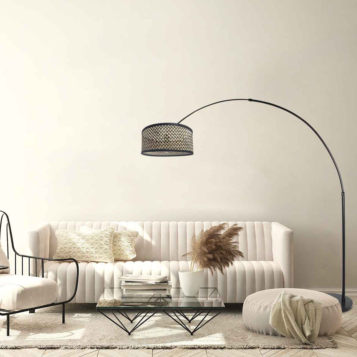 Lampadaire arqué noir abat-jour bambou tressé – H210-240 cm
