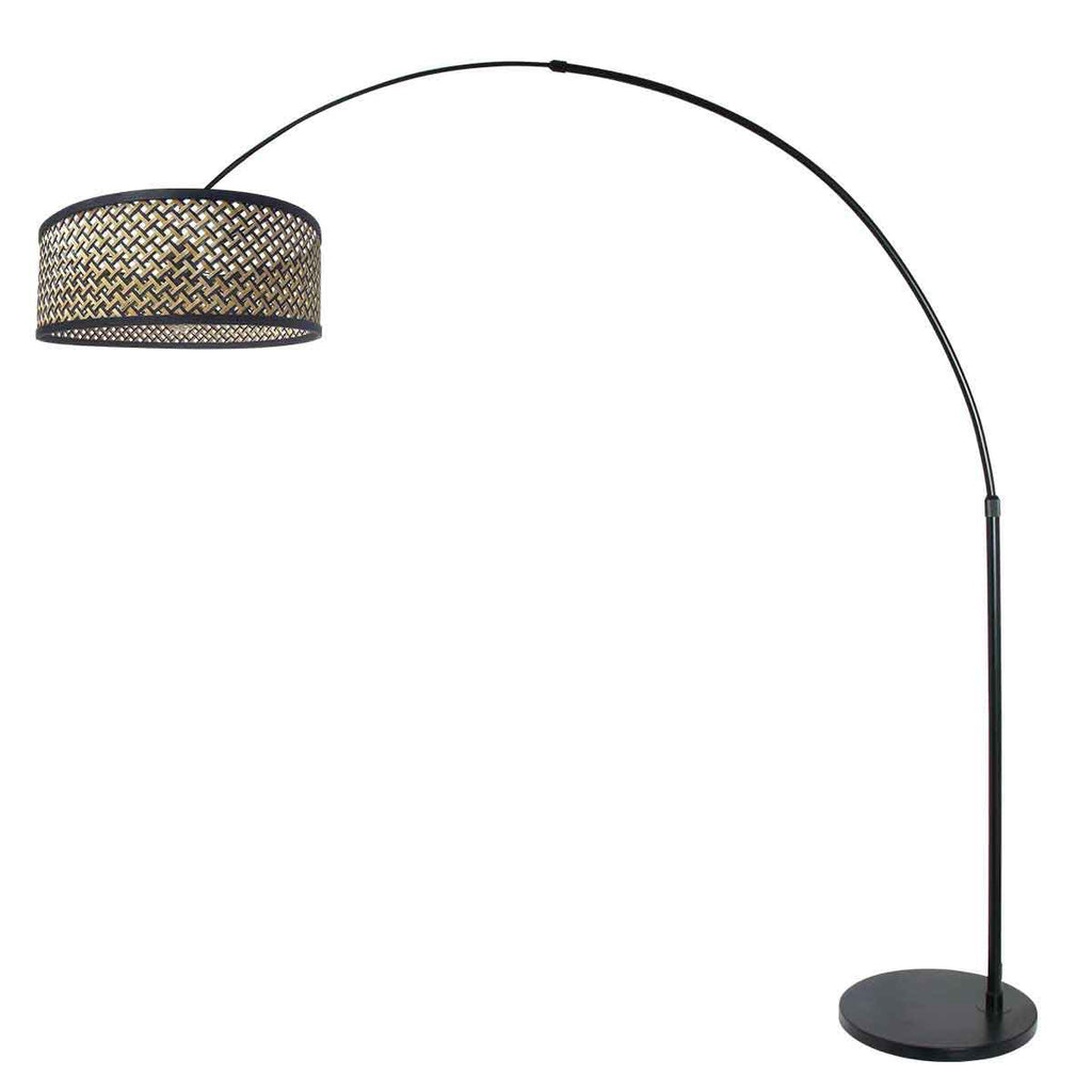 Lampadaire arqué noir abat-jour bambou tressé – H210-240 cm