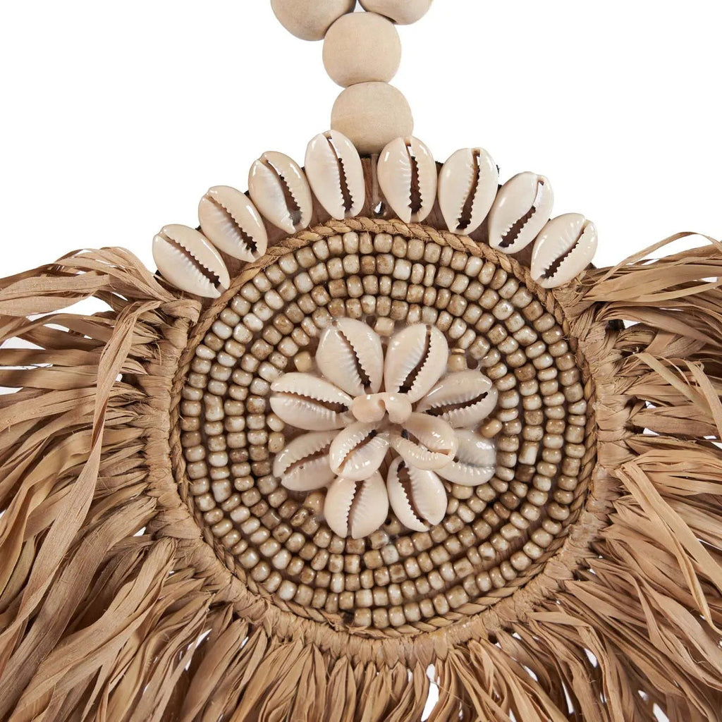 Pompon décoratif en raphia naturel avec coquillages et perles en bois