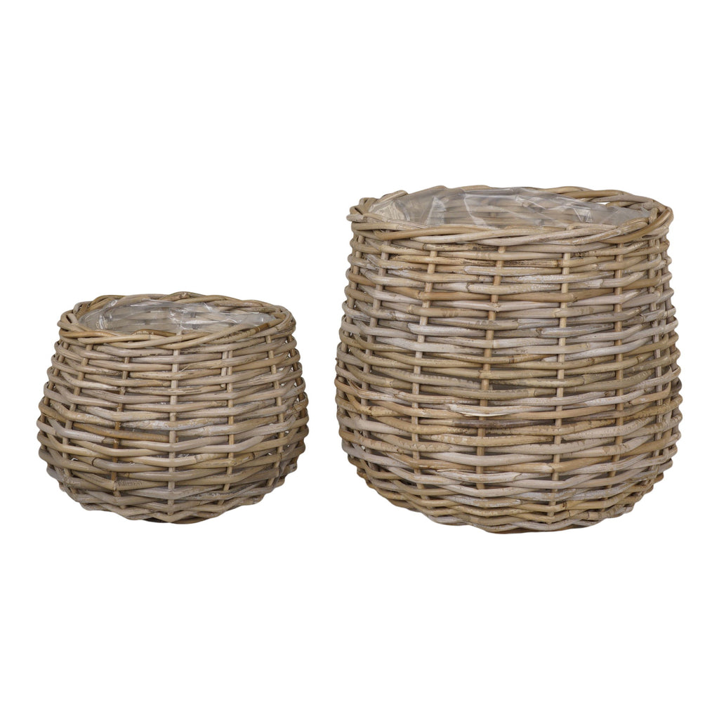 Cache-pot rond en rotin naturel avec doublure plastique – Set de 2