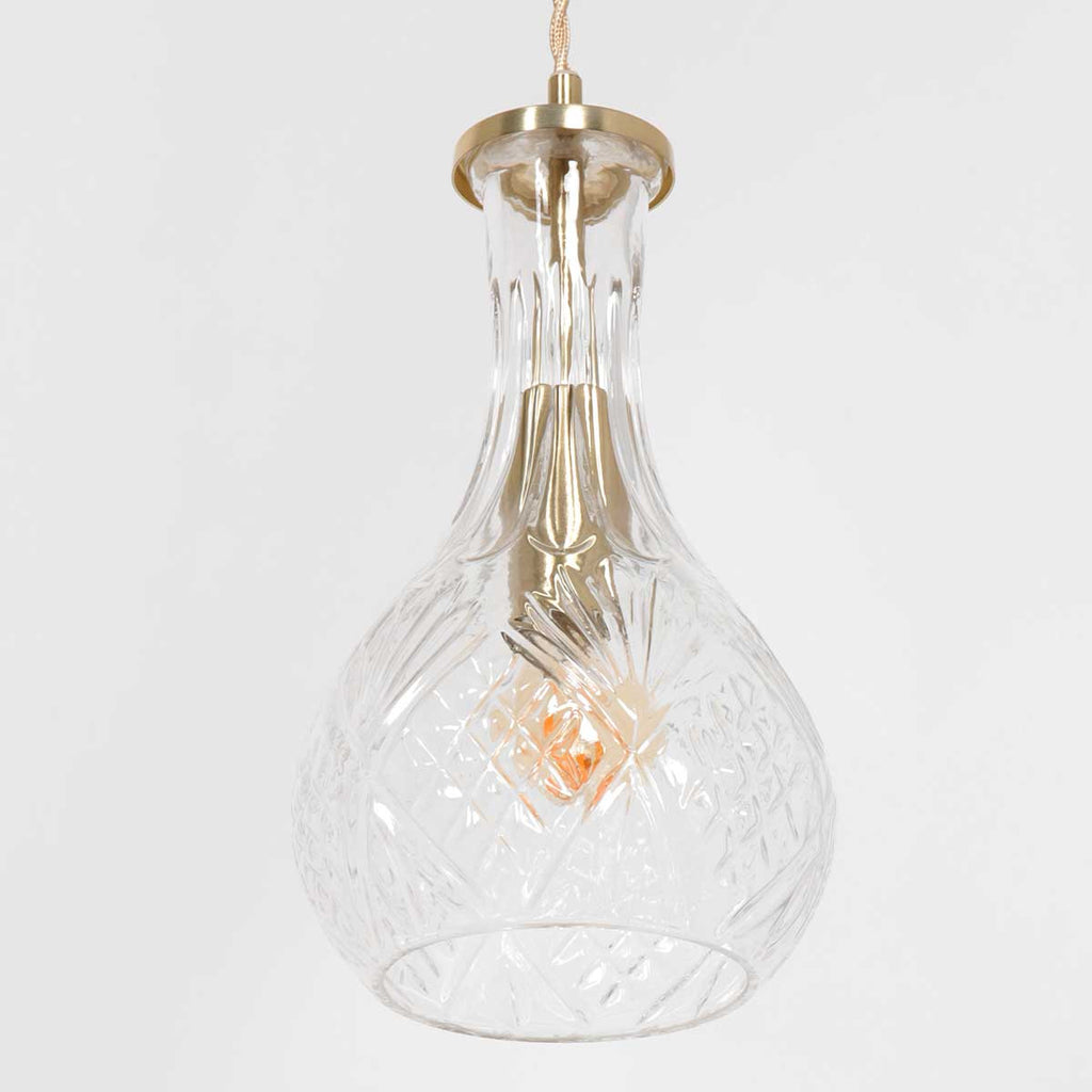 Suspension en verre taillé transparent et laiton doré forme goutte – Ø14 cm