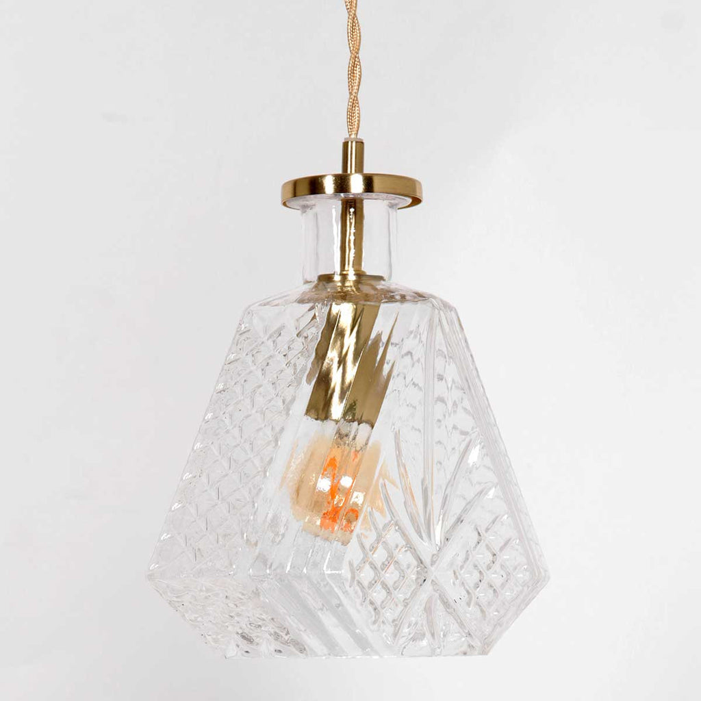Suspension verre facetté et laiton doré à câble torsadé – Ø18 cm
