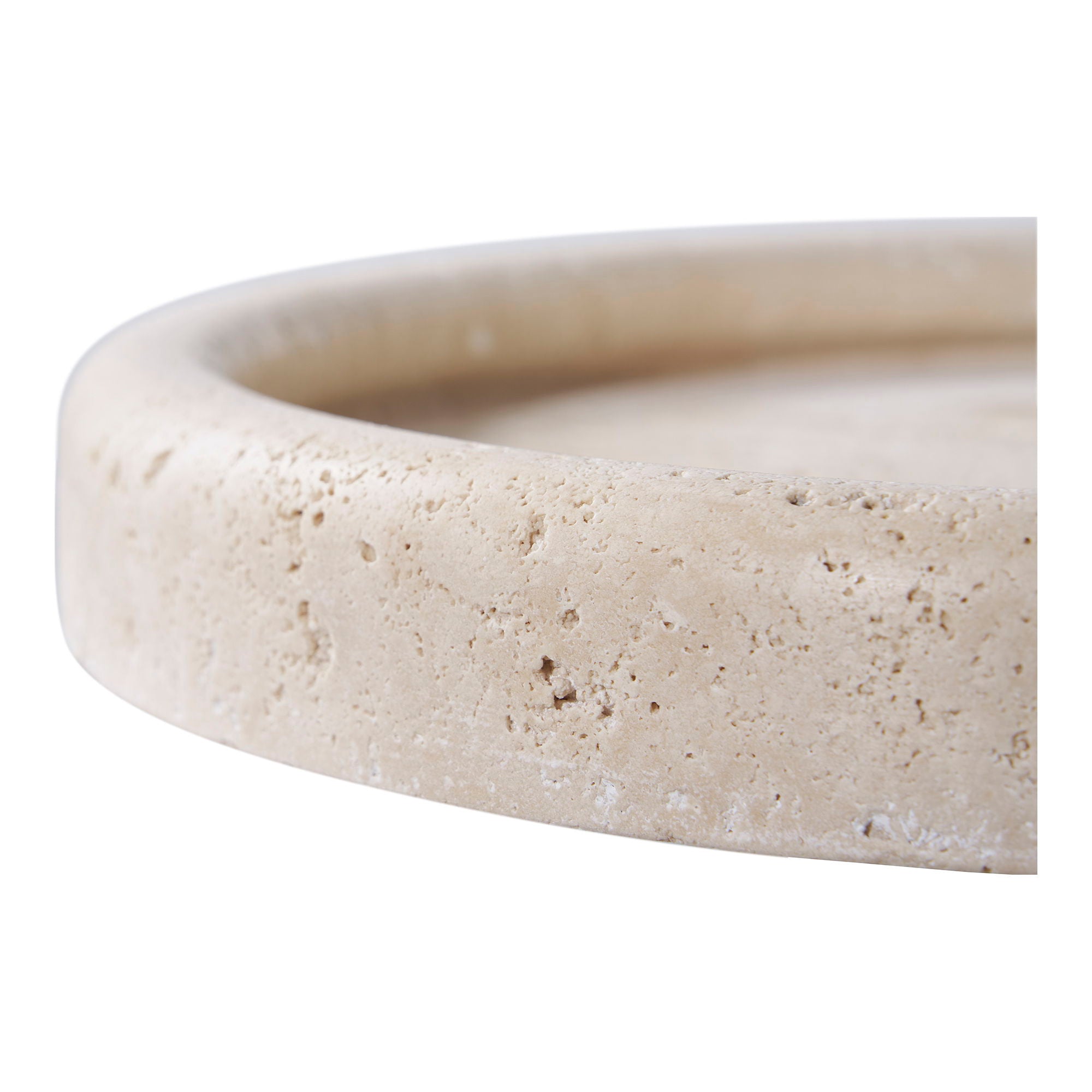 Plateau rond en travertin beige finition mate pour objets déco ou vide-poche