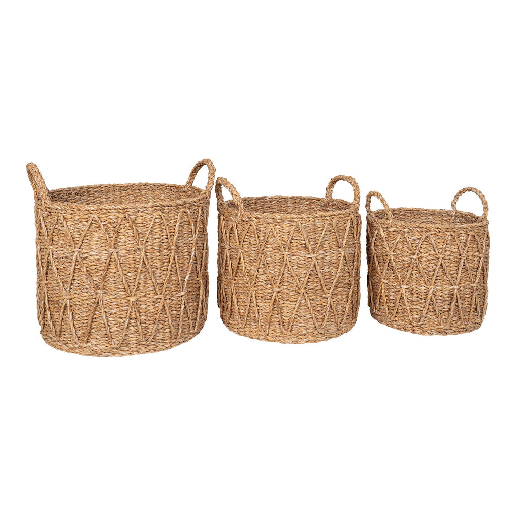 Paniers cylindriques en jonc de mer naturel avec anses motif chevrons – Set de 3