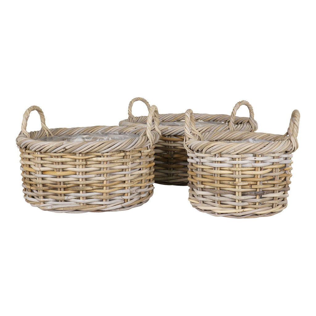 Paniers ronds en rotin tressé gris avec anses et doublure plastique – Set de 3