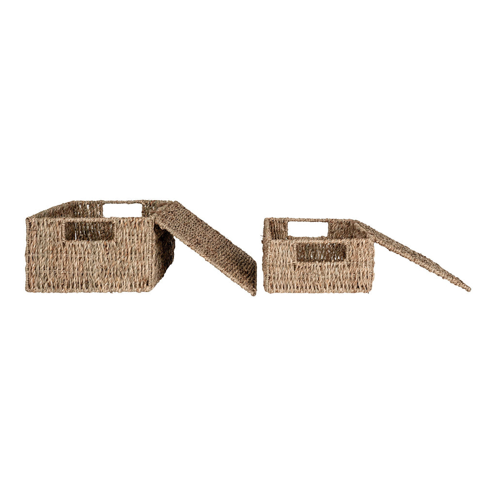 Paniers rectangulaires en fibres naturelles avec couvercle et poignées – Set de 2