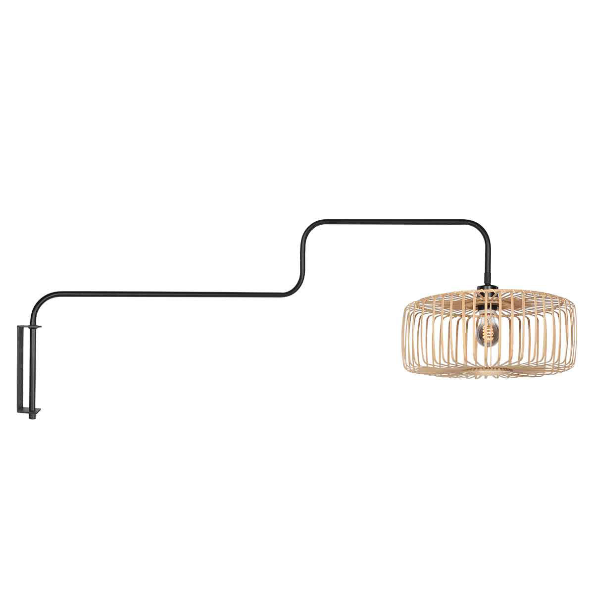 Applique murale bambou et métal noir avec bras pivotant – Ø30 cm