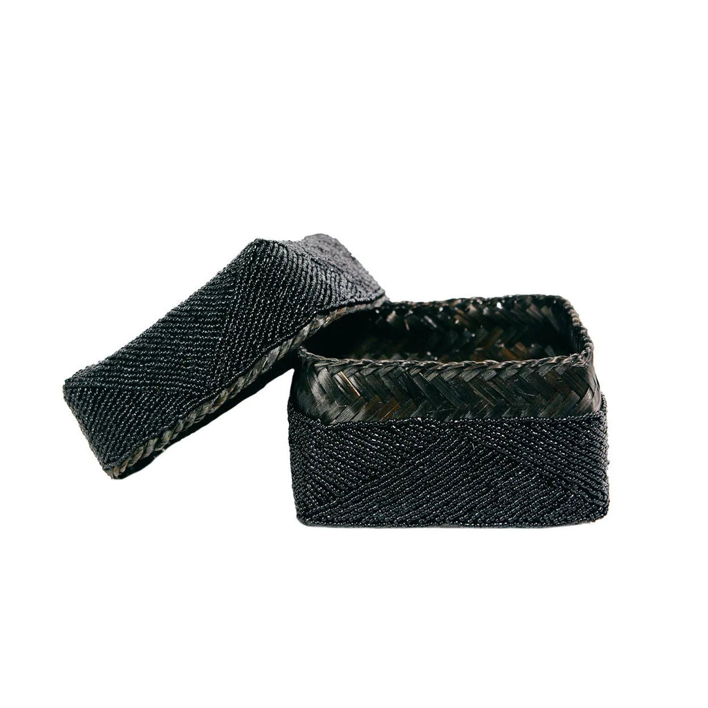 Boîte décorative perlée noire en bambou motifs chevrons avec couvercle