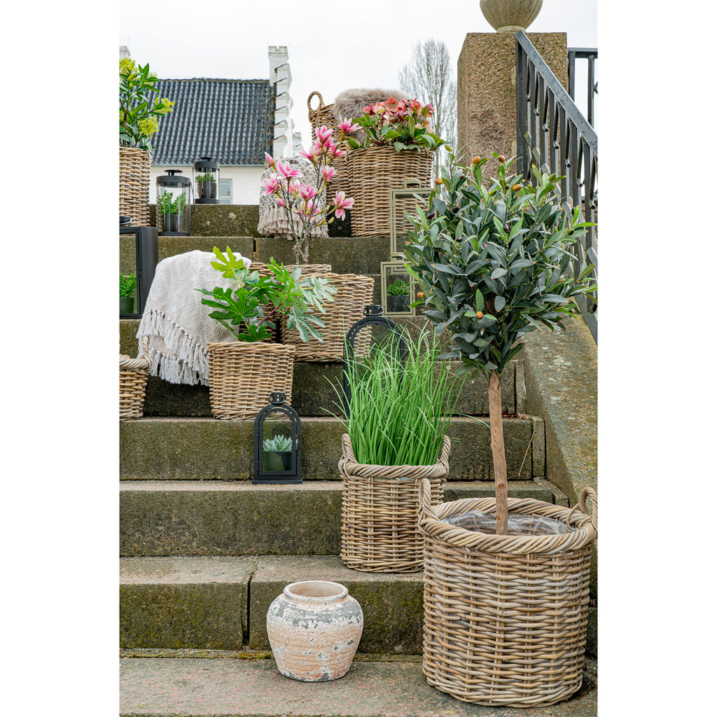Paniers ronds en rotin tressé gris avec anses et doublure étanche – Set de 2