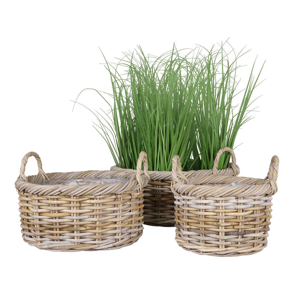 Paniers ronds en rotin tressé gris avec anses et doublure plastique – Set de 3