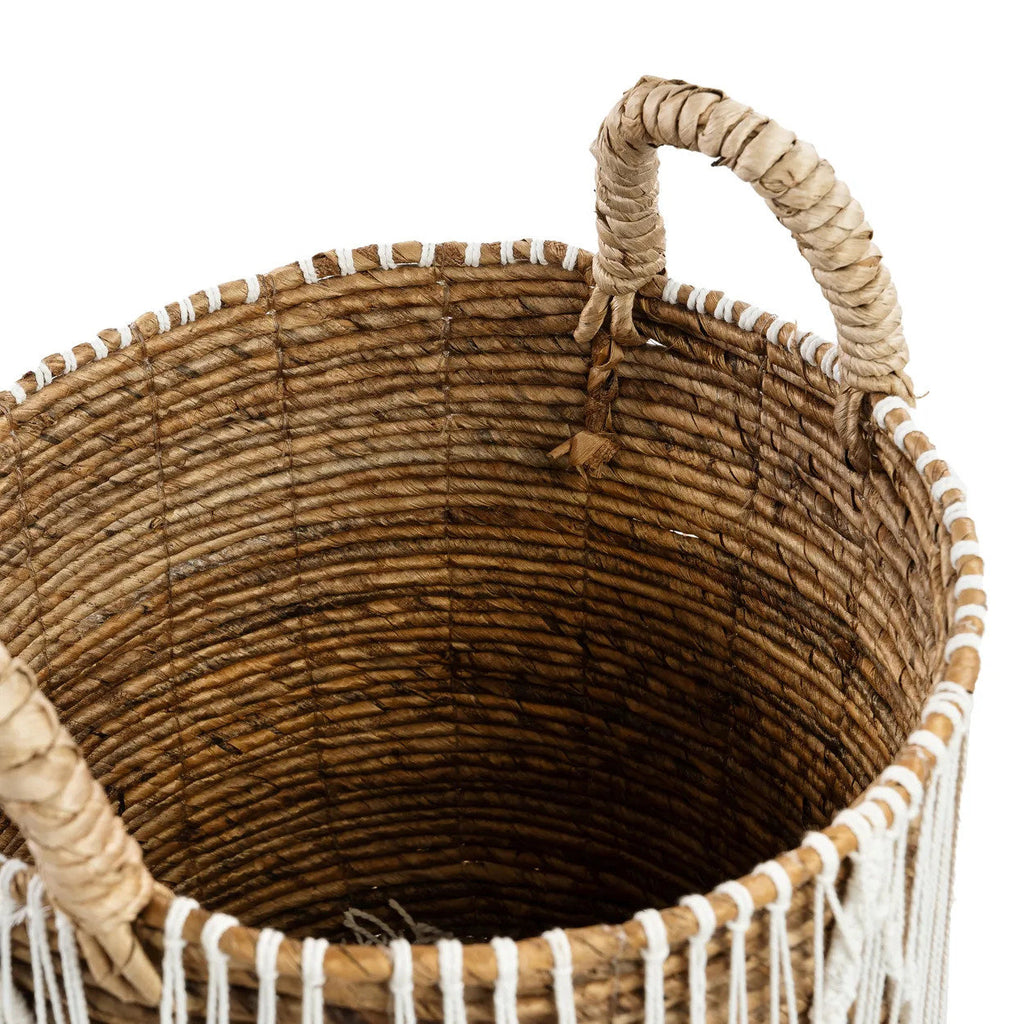 Panier en seagrass tressé naturel avec lacets blancs et anses – Ø40 cm