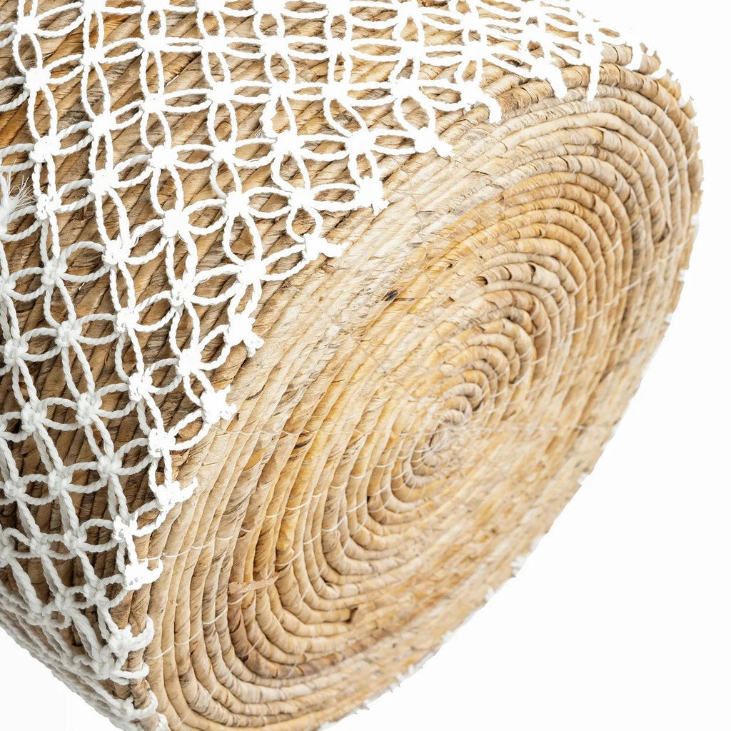 Panier rond en jonc de mer et macramé blanc avec anses – Ø39 cm