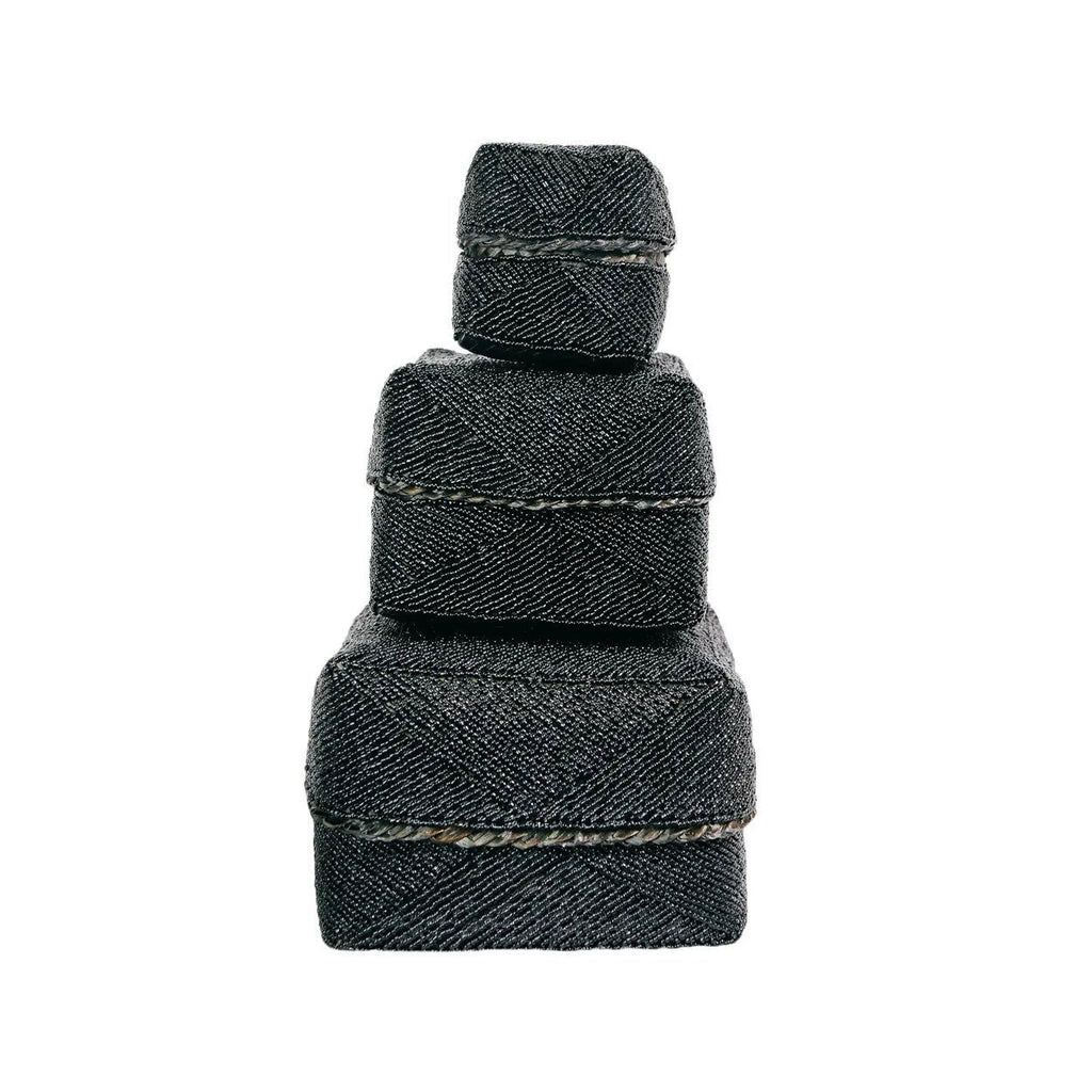 Boîte décorative perlée noire en bambou motifs chevrons avec couvercle