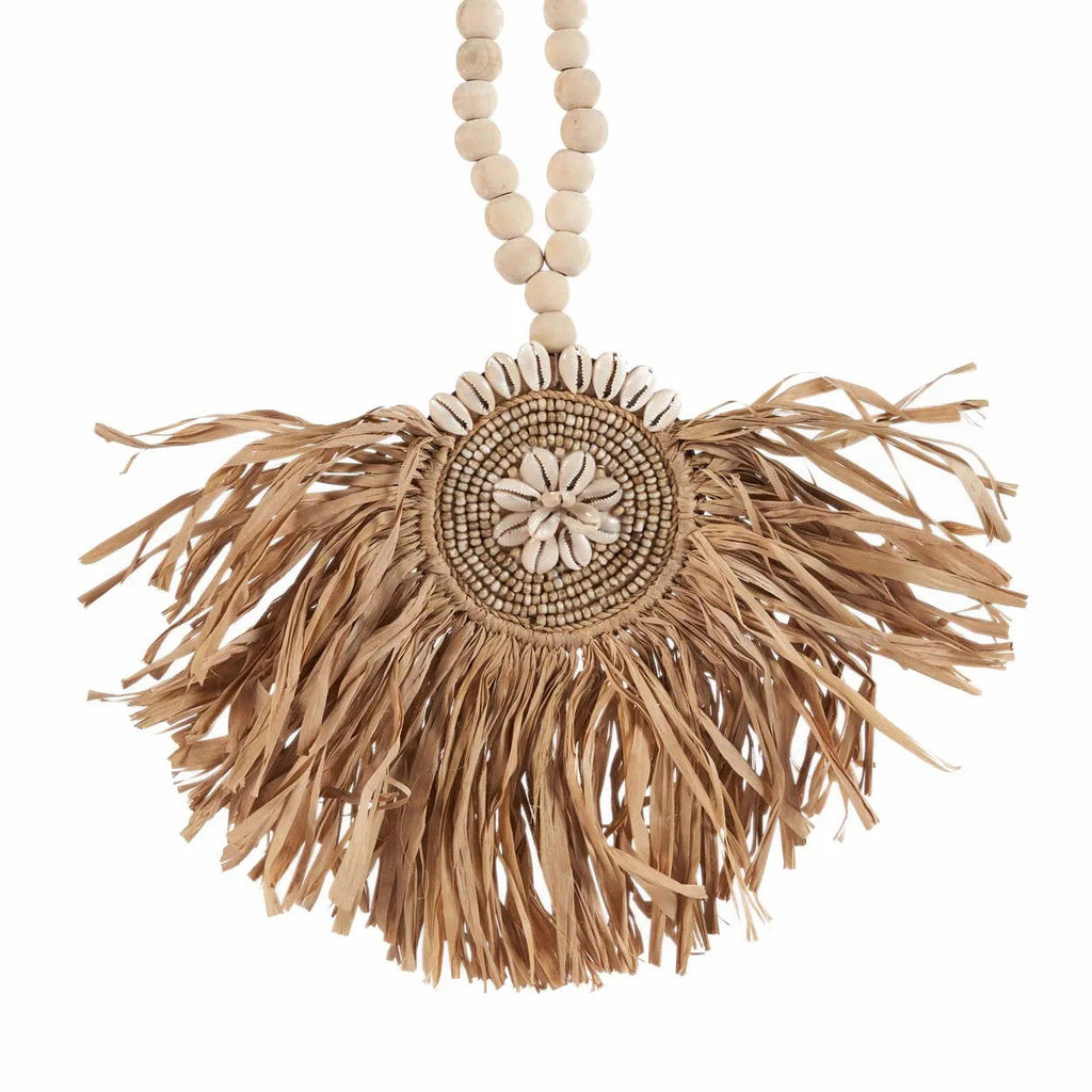 Pompon décoratif en raphia naturel avec coquillages et perles en bois