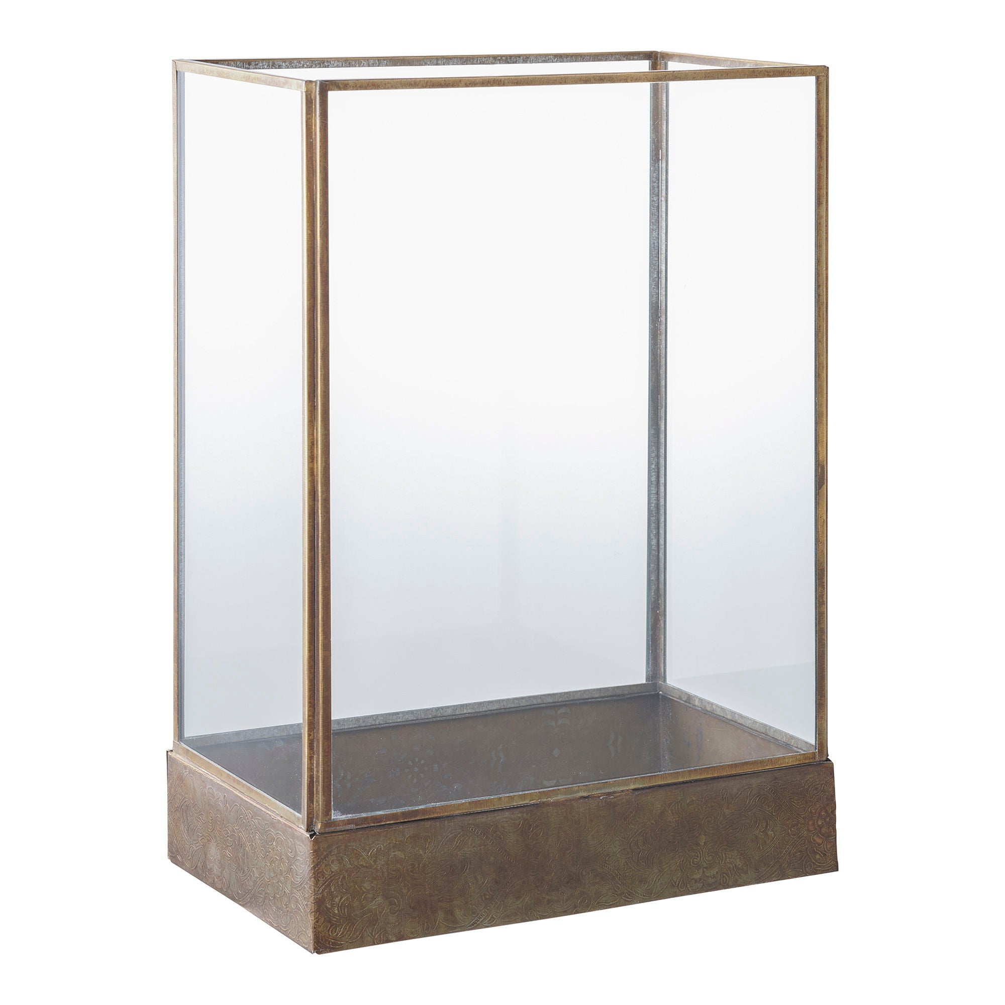 Lanterne vitrine en verre et laiton vieilli gravé – H36,5 cm